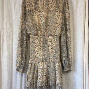 Aqua Long Sleeve Smocked Printed Dress in Beige, Gray and Gold Accents